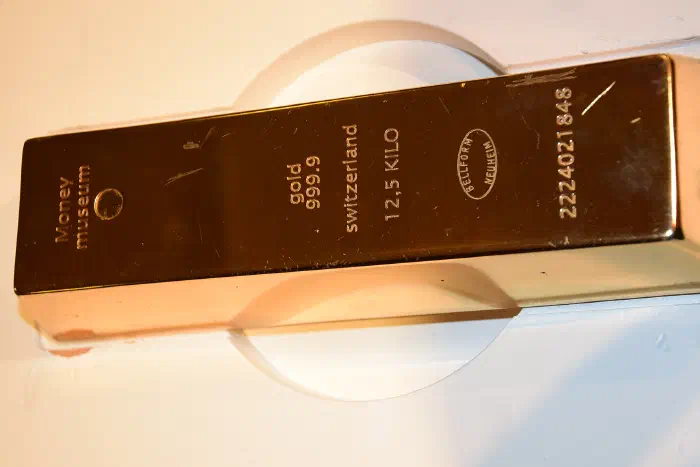A gold bullion bar at the Swiss Money Museum, Zurich