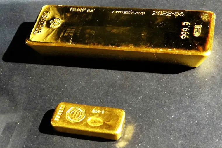 A gold ingot and bar at the Banque de France, Paris