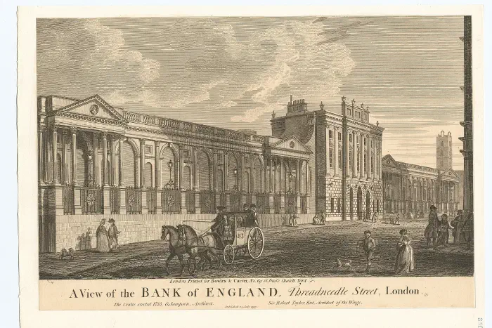 A historic engraving of the Bank of England, Threadneedle Street